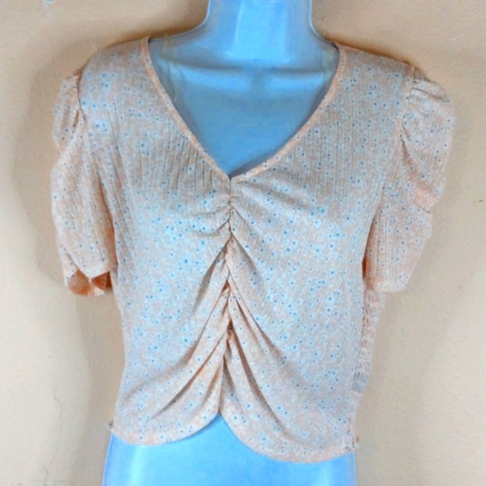 Honey& Sparkle XL Ruched Top.Soft Blue Peach White. Crop Top.100% Polyester.